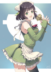 Rule 34 | 1girl, black hair, elbow gloves, fingerless gloves, frills, gloves, green eyes, green gloves, headdress, highres, holding, kyoumachi seika, looking at viewer, maid, open mouth, profile, short hair, simple background, solo, thighhighs, voiceroid, yoshino ryou