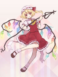 Rule 34 | 1girl, aoyagi neko, ascot, blonde hair, flandre scarlet, hat, hat ribbon, highres, laevatein, looking at viewer, mary janes, mob cap, puffy short sleeves, puffy sleeves, red eyes, ribbon, sash, shirt, shoes, short sleeves, side ponytail, skirt, skirt set, solo, touhou, vest, wings, wrist cuffs