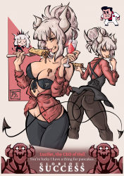 Rule 34 | 1girl, 3boys, absurdres, alcohol, apron, ass, bare shoulders, black apron, black bra, black pants, black tail, bra, breasts, brown pants, champagne, champagne flute, character name, chibi, chibi inset, cleavage, commentary, crepe, cup, demon girl, demon horns, demon tail, denim, drinking glass, english commentary, english text, folded ponytail, food, fork, front-tie bra, grey hair, hamza touijri, helltaker, helltaker (character), highres, horns, huge filesize, jeans, kneepits, lipstick, lowleg, lowleg pants, lucifer (helltaker), makeup, medium breasts, messy, mole, mole under eye, multiple boys, navel, off-shoulder shirt, off shoulder, pants, partially unbuttoned, red eyes, red lips, red shirt, ringed eyes, shirt, skeleton (helltaker), solo focus, strapless, strapless bra, suggestive fluid, tail, tight clothes, tight pants, underwear, updo, white horns