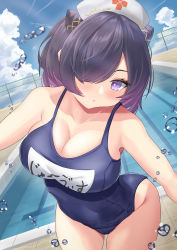 Rule 34 | 1girl, absurdres, azur lane, black hair, blue sky, blush, bouhuuu, breasts, chain-link fence, cleavage, cloud, collarbone, covered navel, day, fence, gradient hair, hair over one eye, hat, highres, jervis (azur lane), large breasts, looking at viewer, multicolored hair, name tag, nurse cap, outdoors, parted lips, pool, poolside, purple eyes, purple hair, school swimsuit, sky, solo, standing, swimsuit, thigh gap, two-tone hair, water drop