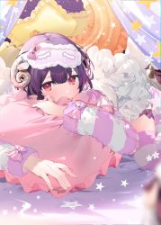 Rule 34 | 1girl, black hair, commentary request, frilled pillow, frills, hair between eyes, hakuishi aoi, heart, hugging object, idolmaster, idolmaster shiny colors, jacket, layered skirt, looking at viewer, lying, mask, mask on head, morino rinze, on bed, on stomach, pillow, pillow hug, pleated skirt, red eyes, skirt, sleep mask, solo, star-shaped pillow, star (symbol), striped clothes, striped jacket, striped thighhighs, thighhighs, white skirt