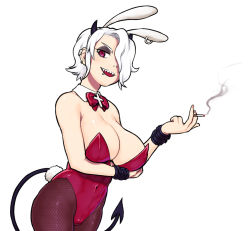 Rule 34 | 1girl, alternate costume, animal ears, arm under breasts, breasts, cigarette, cleavage, commentary request, covered navel, demon girl, demon horns, detached collar, fake animal ears, hair over one eye, hand up, helltaker, holding, horns, large breasts, leotard, looking at viewer, pantyhose, playboy bunny, rabbit ears, rabbit tail, red eyes, red leotard, sharp teeth, shiny clothes, shiny skin, short hair, simple background, smile, solo, tail, teeth, tsukudani (coke-buta), upper teeth only, white background, white hair, zdrada (helltaker)