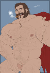 Rule 34 | 1boy, abs, absurdres, arm hair, bara, brown eyes, brown hair, cape, chest hair, cigar, completely nude, covering privates, covering crotch, cowboy shot, dark-skinned male, dark skin, facial hair, glensaru, goatee, graves (league of legends), hair slicked back, hairy, highres, large pectorals, league of legends, leg hair, looking at viewer, male focus, male pubic hair, mature male, muscular, muscular male, mutton chops, navel, navel hair, nipples, nude, pectorals, penis, penis peek, pubic hair, red cape, short hair, smile, smoking, solo, stomach, thick thighs, thighs, yaoi