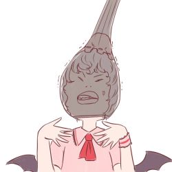 Rule 34 | 1girl, anger vein, ascot, bat wings, batta (ijigen debris), clenched teeth, dress, fang, hat, looking at viewer, mob cap, pantyhose, pantyhose on head, pink dress, red ascot, remilia scarlet, short sleeves, simple background, solo, teeth, touhou, upper body, white background, wings, wristband