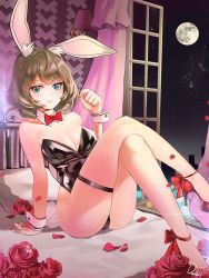 Rule 34 | 10s, 1girl, animal ears, ankle bow, ankle ribbon, arm support, bad id, bad twitter id, bare arms, bare shoulders, bed, blue eyes, blunt bangs, blush, bow, bowtie, breasts, cleavage, closed mouth, crossed legs, curtains, damda, detached collar, eyelashes, fake animal ears, flower, full moon, green eyes, twirling hair, hand up, hetero, heterochromia, high heels, idolmaster, idolmaster cinderella girls, knees up, leg ribbon, leotard, medium breasts, mole, mole under eye, moon, night, night sky, on bed, petals, playboy bunny, rabbit ears, rabbit girl, reclining, red bow, red bowtie, red flower, red footwear, red ribbon, red rose, ribbon, rose, shoes, short hair, sitting, sky, smile, solo, star (sky), starry sky, strapless, strapless leotard, takagaki kaede, thigh strap, window, wrist cuffs
