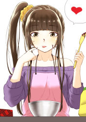Rule 34 | 1girl, :p, alternate hairstyle, amagami, apron, bare shoulders, blunt bangs, brown eyes, brown hair, casual, chocolate, chocolate making, heart, kamizaki risa, long hair, scrunchie, shouji nigou, side ponytail, sleeves pushed up, solo, spoken heart, sweater, tongue, tongue out, valentine