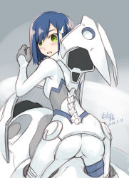 Rule 34 | 10s, 1girl, blue hair, blush, darling in the franxx, dated, from behind, green eyes, hair ornament, hairclip, ichigo (darling in the franxx), leotard, looking at viewer, open mouth, short hair, signature, simelu, skin tight, straddling, uniform