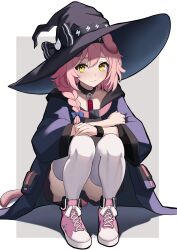 Rule 34 | 1girl, absurdres, animal ears, arknights, black bracelet, black headwear, black skirt, blue cloak, blush, border, bracelet, braid, cat ears, cat girl, cat tail, cloak, collar, commentary, crossed arms, english commentary, full body, goldenglow (arknights), grey background, hat, highres, jewelry, looking at viewer, pink footwear, pink hair, shoes, short hair, side braid, simple background, skirt, sneakers, solo, squatting, tail, thighhighs, white thighhighs, witch hat, yan kodiac, yellow eyes