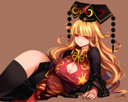 Rule 34 | 1girl, black dress, black thighhighs, blonde hair, breasts, brown background, chinese clothes, cleavage, cleavage cutout, clothing cutout, dress, elbow rest, feet out of frame, highres, junko (touhou), large breasts, long hair, long sleeves, looking at viewer, lying, mature female, no panties, on side, one-hour drawing challenge, pointy ears, pom pom (clothes), raptor7, red eyes, red tabard, side slit, sidelocks, simple background, sketch, solo, tabard, thighhighs, touhou, wide sleeves