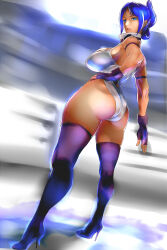 Rule 34 | 1girl, absurdres, arika, armband, ass, bare shoulders, black gloves, black thighhighs, blair dame, blue eyes, blue hair, blurry, blurry background, boots, breasts, capcom, detached collar, female focus, fighting layer, fingerless gloves, folded ponytail, full body, gloves, gluteal fold, hand on own hip, highleg, highleg leotard, highres, huge ass, judge (oekaki), large breasts, leotard, looking at viewer, looking back, matching hair/eyes, sideboob, solo, standing, street fighter, street fighter ex (series), thick thighs, thigh boots, thighhighs, thighs, white leotard, wide hips