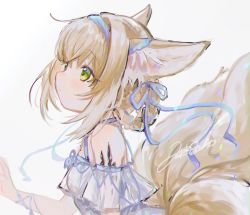 Rule 34 | 1girl, animal ears, arknights, bare shoulders, blonde hair, blue hairband, blue ribbon, braid, commentary, dress, fox ears, fox girl, fox tail, from side, green eyes, hair ribbon, hairband, highres, kitsune, looking up, material growth, multiple tails, oripathy lesion (arknights), ribbon, short hair, simple background, solo, suzuran (arknights), syukonbu, tail, white background, white dress