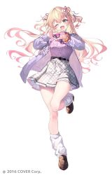 Rule 34 | 1girl, belt, black belt, blonde hair, brown footwear, fang, floating hair, full body, green eyes, hands up, heart, heart hands, hololive, jacket, kneehighs, loafers, long hair, looking at viewer, loose socks, momosuzu nene, multicolored hair, official art, one eye closed, open clothes, open jacket, open mouth, pink hair, purple footwear, purple jacket, riichu, shoes, simple background, skirt, smile, socks, solo, standing, standing on one leg, virtual youtuber, white background, white skirt, white socks