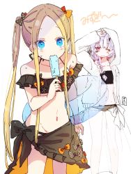 Rule 34 | 2girls, abigail williams (fate), alternate hairstyle, arm up, bare shoulders, bikini, black bikini, black bow, blonde hair, blue eyes, blue innertube, blush, bow, braid, closed mouth, collarbone, eating, fate/grand order, fate (series), food, forehead, hair bow, hair over shoulder, halterneck, highres, holding, holding food, holding swim ring, hood, hood up, hooded jacket, innertube, jacket, lavinia whateley (fate), long hair, long sleeves, multiple girls, navel, open clothes, open jacket, orange bow, parted bangs, pink eyes, polka dot, polka dot bow, popsicle, purple hair, sarong, sidelocks, sleeves past wrists, sofra, swim ring, swimsuit, transparent, twintails, very long hair, white jacket
