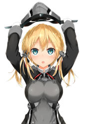 Rule 34 | 10s, 1girl, :o, anchor, anchor hair ornament, arms up, blonde hair, blue eyes, blush, breasts, gloves, hair ornament, hat, unworn hat, unworn headwear, highres, holding, holding clothes, holding hat, kantai collection, long sleeves, looking at viewer, military, military hat, military uniform, prinz eugen (kancolle), simple background, solo, sune (mugendai), suneo, twintails, uniform, upper body, white background, white gloves