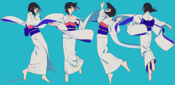 Rule 34 | 1girl, barefoot, black hair, blue background, blunt bangs, brown eyes, closed eyes, closed mouth, dancing, eyeshadow, facing viewer, grey kimono, highres, japanese clothes, kimono, long sleeves, looking at viewer, makeup, multiple views, obi, original, outstretched arms, parted lips, sash, sequential, short hair, simple background, umishima senbon, wide sleeves