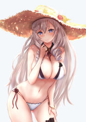Rule 34 | 1girl, algerie (azur lane), algerie (white sand paradise) (azur lane), amano kusatsu, azur lane, bangle, bare shoulders, blush, bracelet, breasts, brown hat, cleavage, closed mouth, commentary request, detached collar, dress, drill hair, flower, gluteal fold, grey background, hand on own thigh, hand up, hat, hat flower, highres, jewelry, large breasts, leaning forward, long hair, looking at viewer, mole, mole on breast, mole under eye, navel, purple eyes, red flower, red rose, rose, silver hair, simple background, skindentation, smile, solo, stomach, straw hat, sun hat, very long hair, white dress, yellow flower, yellow rose