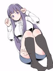 Rule 34 | 1girl, artist name, black socks, blue shorts, breasts, clenched hands, closed mouth, feet, fern (sousou no frieren), full body, kneehighs, large breasts, long hair, long sleeves, lying, on back, paw pose, purple eyes, purple hair, relaxjon, shirt, shorts, simple background, socks, solo, sousou no frieren, straight hair, thighs, white background, white shirt
