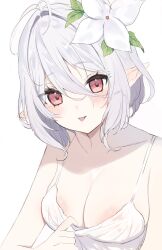 Rule 34 | 1girl, :p, alternate breast size, antenna hair, areola slip, bare shoulders, blush, breasts, camisole, camisole pull, closed mouth, clothes pull, collarbone, commentary, double-parted bangs, elf, eyelashes, eyes visible through hair, flower, grey hair, hair between eyes, hair flower, hair ornament, hand up, highres, kokkoro (princess connect!), large breasts, leaf hair ornament, looking at viewer, pink eyes, pointy ears, princess connect!, pulled by self, seductive smile, short hair, simple background, skindentation, smile, solo, tongue, tongue out, upper body, white background, white camisole, white flower, yupi (yuyupiko01)