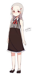 Rule 34 | 1girl, bare arms, bare shoulders, black dress, black footwear, blush, closed mouth, collared dress, dated, dress, full body, hair ornament, hairclip, long hair, looking at viewer, maze (gochama ze gohan), original, parted bangs, red eyes, shoes, signature, silver hair, simple background, sketch, sleeveless, sleeveless dress, smile, solo, standing, striped clothes, striped dress, vertical-striped clothes, vertical-striped dress, white background