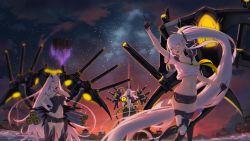 Rule 34 | 3girls, absurdly long hair, arm up, azur lane, bare shoulders, barefoot, black gloves, black sky, boots, breasts, cannon, character request, crop top, dress, gloves, hair between eyes, hand on own hip, highres, long hair, looking at viewer, multicolored sky, multiple girls, navel, neckerchief, night, observer alpha (azur lane), ocean, open mouth, orange sky, pointing, pointing up, rigging, short shorts, shorts, silver hair, siren (azur lane), purifier (azur lane), sitting, sky, small breasts, smile, star (sky), starry sky, tester (azur lane), thigh boots, thigh strap, thighhighs, turret, very long hair, yellow eyes, yellow neckerchief, you ni ge shaobing