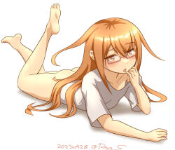 Rule 34 | 1girl, alternate costume, ass, bottomless, brown eyes, brown hair, dated, feet up, glasses, kantai collection, long hair, lying, mochizuki (kancolle), on stomach, one-hour drawing challenge, ray.s, red-framed eyewear, shirt, simple background, solo, t-shirt, the pose, twitter username, white background, white shirt