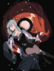 Rule 34 | 2girls, b (wldms6650), black background, black dress, black gloves, black pantyhose, blue cape, blue hair, byleth (female) (fire emblem), byleth (fire emblem), cape, closed eyes, commentary, dress, edelgard von hresvelg, english commentary, fire emblem, fire emblem: three houses, from above, gauntlets, gloves, highres, holding hands, long hair, multiple girls, nintendo, pantyhose, parted lips, red cape, simple background, star (sky), white background, white hair