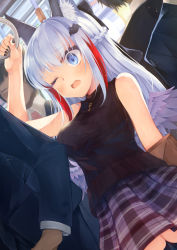 Rule 34 | 1girl, 3boys, absurdres, animal ear fluff, animal ears, arm up, bare arms, bare shoulders, bat hair ornament, black bow, black jacket, black nails, black shirt, black thighhighs, blue eyes, blush, bow, breasts, commentary request, feathered wings, formal, hair bow, hair ornament, hand grip, highres, jacket, long hair, long sleeves, low wings, medium breasts, mini wings, multicolored hair, multiple boys, nail polish, one eye closed, open mouth, original, otogi kyouka, plaid, plaid skirt, pleated skirt, purple skirt, purple wings, red hair, shirt, silver hair, skirt, sleeveless, sleeveless shirt, solo focus, streaked hair, suit, thighhighs, train interior, very long hair, wavy mouth, wings