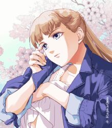 Rule 34 | 1girl, animated, animated gif, blue eyes, blue jacket, blunt bangs, braid, brown hair, cherry blossoms, closed mouth, dress, gundam, gundam wing, hand on own ear, hugging own legs, jacket, kajikaono, lips, long hair, looking at viewer, lowres, one-piece dress, relena peacecraft, smile, solo, white dress