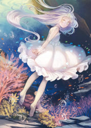 Rule 34 | 1girl, arms behind back, bare arms, barefoot, bubble, coral, dress, fish, grey eyes, highres, long hair, looking at viewer, looking back, original, silver hair, solo, star (symbol), strapless, strapless dress, sugi, underwater, very long hair, wet, wet clothes, white dress, wrist cuffs