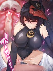 Rule 34 | 1boy, 1girl, black gloves, black hair, black leotard, blush, breasts, censored, closed eyes, clothed sex, clothing aside, covered navel, cowgirl position, cross-section, cum, cum in pussy, ejaculation, elbow gloves, genshin impact, girl on top, gloves, heart, heart censor, hetero, highres, internal cumshot, kujou sara, large breasts, leotard, leotard aside, mask, mask on head, mosaic censoring, parted lips, penis, rebe11, sex, short hair, solo focus, straddling, thighs, vaginal