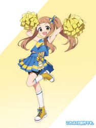 Rule 34 | 1girl, arms up, bike shorts, black shorts, blue shirt, blue skirt, blunt bangs, bow, brown hair, character signature, child, commentary request, dot nose, euphoniummatsu, flat chest, full body, hair bow, highres, holding, holding pom poms, ichihara nina, idolmaster, idolmaster cinderella girls, idolmaster cinderella girls u149, long hair, looking at viewer, open mouth, pleated skirt, pom pom (cheerleading), pom poms, shirt, shoes, shorts, sidelocks, skirt, sleeveless, sleeveless shirt, smile, sneakers, socks, solo, standing, standing on one leg, twintails, white socks, yellow background, yellow eyes, yellow footwear