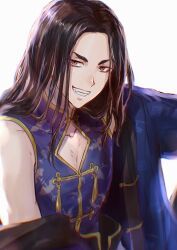 Rule 34 | 1boy, baji keisuke, black eyes, black hair, blue jacket, blue shirt, chinese clothes, cleavage cutout, clothing cutout, grin, highres, jacket, long hair, looking at viewer, male focus, off shoulder, razu re0824, shirt, simple background, smile, solo, tokyo revengers, upper body, white background