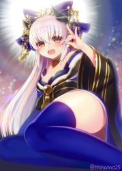 Rule 34 | 10s, 1girl, bare shoulders, blonde hair, blush, breasts, cleavage, cosplay, detached collar, fate/extra, fate/grand order, fate (series), hair ornament, horns, japanese clothes, kiyohime (fate), kiyohime (third ascension) (fate), long hair, looking at viewer, medium breasts, minamo25, official alternate costume, open mouth, red eyes, smile, solo, tamamo (fate), tamamo no mae (fate/extra), tamamo no mae (fate/extra) (cosplay), tamamo no mae (third ascension) (fate), thighhighs
