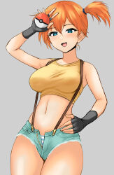 Rule 34 | 1girl, adapted costume, asymmetrical hair, bare legs, blue eyes, blush, breasts, cowboy shot, creatures (company), denim, denim shorts, female focus, game freak, gincha, gym leader, hair tie, hand on own hip, highres, holding, holding poke ball, legs, looking at viewer, medium breasts, misty (pokemon), navel, nintendo, orange hair, panties, pants, partially unzipped, poke ball, poke ball (basic), pokemon, pokemon (anime), pokemon (classic anime), ponytail, red hair, shirt, short hair, short ponytail, short shorts, shorts, side ponytail, smile, solo, striped clothes, striped panties, suspenders, tank top, thighs, underwear, unzipped, wide hips, yellow shirt, yellow tank top