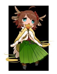 Rule 34 | 1girl, ahoge, animal ears, antlers, aqua eyes, blush, bow, brown hair, bunsuke, chibi, coat, covering own mouth, deer ears, flower, full body, green bow, hair flower, hair ornament, hair up, highres, holding, holding leaf, hooves, horns, japanese clothes, kano (p&amp;d), kimono, leaf, long hair, long sleeves, no nose, obi, puzzle &amp; dragons, sash, sleeves past wrists, solo