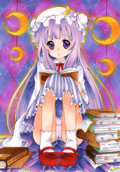 Rule 34 | 1girl, bad id, bad pixiv id, book, bookmark, colored pencil (medium), crescent, dress, female focus, hat, kuune rin, long hair, marker (medium), mary janes, moon, panties, pantyshot, patchouli knowledge, pigeon-toed, purple eyes, purple hair, purple panties, robe, shoes, sitting, solo, striped, tareme, touhou, traditional media, underwear, upskirt, very long hair