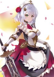 Rule 34 | 1girl, apron, armor, armored dress, blush, braid, braided bangs, breasts, claymore (sword), cleavage, combat maid, dress, flower, gauntlets, genshin impact, greatsword, green eyes, grey hair, headpiece, highres, huge weapon, large breasts, long sleeves, looking at viewer, maid, maid apron, maid headdress, manjirou (manji illust), noelle (genshin impact), pauldrons, petals, rose, short hair, shoulder armor, smile, solo, sword, weapon, white dress