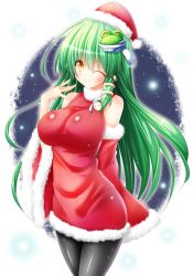 Rule 34 | 1girl, ;), \||/, ^ ^, bare shoulders, blush, body blush, breasts, c:, closed eyes, detached sleeves, dress, closed eyes, female focus, fur trim, green hair, hair ornament, hand to own mouth, hat, highres, impossible clothes, kochiya sanae, large breasts, leggings, long hair, looking at viewer, one eye closed, osashin (osada), pantyhose, ribbed sweater, santa costume, santa hat, scarf, short dress, smile, snake hair ornament, solo, straight hair, sweater, sweater dress, touhou, turtleneck, very long hair, wide sleeves, yellow eyes