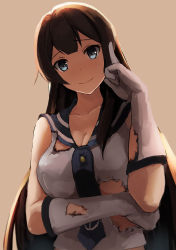 Rule 34 | 10s, 1girl, agano (kancolle), akabane rin, bare shoulders, blue eyes, breasts, brown hair, cleavage, elbow gloves, female focus, finger to head, gloves, kantai collection, large breasts, long hair, looking at viewer, school uniform, serafuku, smile, solo, standing, torn clothes, torn gloves