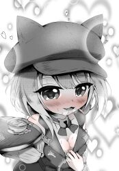Rule 34 | 1girl, animal ears, baguhatena, bare shoulders, bell, blush, breasts, cat ears, cat girl, cleavage, commentary, cup, detached sleeves, ears through headwear, eyelashes, fang, greyscale, hat, heart, heart-shaped pupils, heart background, highres, holding, holding tray, jingle bell, looking at viewer, medium breasts, monochrome, open mouth, princess connect!, short hair, sidelocks, smile, sweat, symbol-shaped pupils, tamaki (princess connect!), tea, teacup, tray, upper body