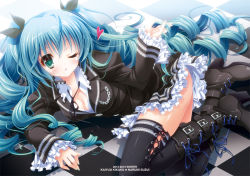 Rule 34 | 10s, 1girl, 2012, 2013, aqua hair, artist name, black thighhighs, boots, breasts, checkered floor, cleavage, cross-laced footwear, floor, frills, green eyes, hatsune miku, high heel boots, high heels, himitsu keisatsu (vocaloid), knee boots, lace-up boots, long hair, one eye closed, open m/, shoes, skirt, solo, suzui narumi, thighhighs, twintails, very long hair, vocaloid, wink, zettai ryouiki