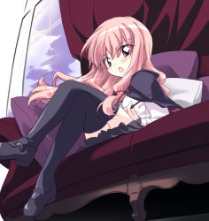 Rule 34 | blush, cha (mika), from below, crossed legs, long hair, looking down, louise francoise le blanc de la valliere, pink hair, sitting, skirt, solo, thighhighs, zero no tsukaima