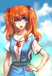 Rule 34 | 1girl, bad id, bad pixiv id, blue eyes, cloud, day, esphy, female focus, hand on own hip, hip focus, long hair, neon genesis evangelion, open mouth, orange hair, outdoors, ribbon, school uniform, sky, solo, souryuu asuka langley, twintails, two side up