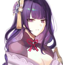 Rule 34 | 1girl, absurdres, breasts, cleavage, commentary, genshin impact, highres, low-braided long hair, low-tied long hair, mole, mole under eye, purple eyes, purple hair, raiden shogun, shrug (clothing), simple background, solo, sp0i0ppp, white background