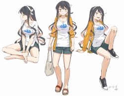 Rule 34 | 1girl, alternate costume, bag, barefoot, black hair, blush, breasts, cleavage, closed mouth, colored inner hair, dated, denim, denim shorts, full body, hairband, jacket, kantai collection, kawashina (momen silicon), long hair, multicolored hair, multiple views, naganami (kancolle), no socks, official alternate costume, open mouth, pink hair, plastic bag, sandals, shirt, shoes, shorts, signature, simple background, sitting, sneakers, standing, two-tone hair, white background, white shirt