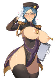 Rule 34 | 1girl, bell, bell piercing, beret, black thighhighs, blue hair, breasts, breasts out, character request, clipboard, cowbell, eiyuu densetsu, falcom, glasses, gloves, hajimari no kiseki, hat, heart, heart-shaped pupils, highres, holding, holding clipboard, large breasts, large pasta, looking at viewer, mind control, nipple bells, nipple piercing, nipples, no bra, piercing, simple background, solo, sonya balz, symbol-shaped pupils, thighhighs, white background, white gloves