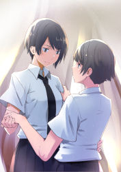 Rule 34 | 2girls, androgynous, black eyes, black hair, black necktie, black skirt, collared shirt, commentary, dancing, dress shirt, eye contact, hand on another&#039;s arm, hand on another&#039;s hip, height difference, holding hands, looking at another, multiple girls, necktie, original, pleated skirt, shirt, short hair, short sleeves, skirt, smile, tomboy, wing collar, yui 7, yuri