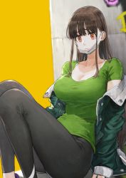 Rule 34 | 1girl, black pants, bra, bra strap, breasts, brown hair, cleavage, closed mouth, collarbone, commentary, ear piercing, frown, full body, graffiti, green jacket, green shirt, highres, jacket, jun (navigavi), large breasts, lips, long hair, looking at viewer, mask, mouth mask, off shoulder, open clothes, open jacket, original, pants, piercing, red eyes, shirt, short sleeves, simple background, sitting, solo, straight hair, surgical mask, underwear, white bra, yellow background