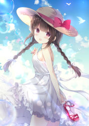 Rule 34 | 1girl, :d, absurdres, bare arms, bare shoulders, bird, blue sky, blush, bow, braid, breasts, brown eyes, brown hair, brown hat, bubble, cloud, commentary request, day, dress, fingernails, hair between eyes, hair bow, hat, hat bow, head tilt, highres, holding, holding shoes, long hair, looking at viewer, looking to the side, low twintails, nail polish, open mouth, original, outdoors, plaid footwear, red bow, red footwear, red nails, saeki sora, shoes, sky, sleeveless, sleeveless dress, small breasts, smile, solo, sun hat, teeth, twin braids, twintails, unworn shoes, upper teeth only, very long hair, white bow, white dress