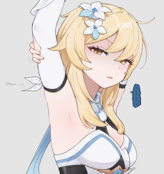 Rule 34 | 1girl, arm behind head, armpits, arms up, bare shoulders, blonde hair, breasts, commentary request, disgust, dress, flower, from side, genshin impact, hair between eyes, hair flower, hair ornament, half-closed eyes, heart, highres, long hair, looking at viewer, lumine (genshin impact), medium breasts, parted lips, presenting armpit, q (oshikuraq), short hair with long locks, simple background, solo, spoken heart, upper body, v-shaped eyebrows, white background, white dress, yellow eyes